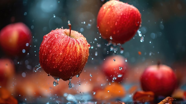Frischer roter Apfel fällt in das Wasser, Apfel in Wasserspritzungen.