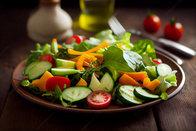 Frischer Salat auf Holzplatte mit Gemüse generativer AI