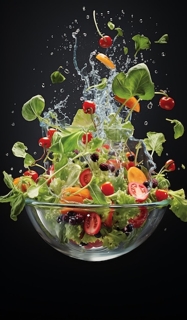 Foto frischer salat mit fliegenden zutaten