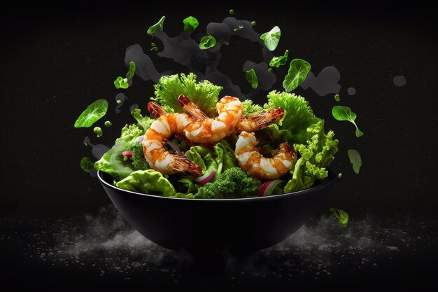 Frischer Salat mit Garnelen-Avocado und Kräutern auf einem Teller Generative AI