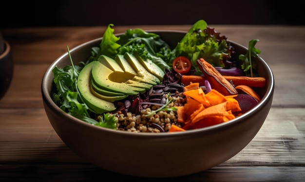 Frischer Salat mit Gemüse in einer Schüssel auf einem Tisch Generative KI