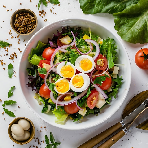 Frischer Salat mit Gemüse Tomaten rote Zwiebeln Salat und Wachteleier Gesundes Essen und Ernährung KI Gen