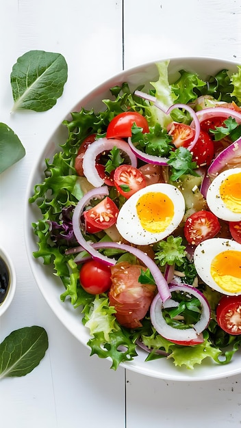 Frischer Salat mit Gemüse Tomaten rote Zwiebeln Salat und Wachteleier Gesundes Essen und Ernährung KI Gen