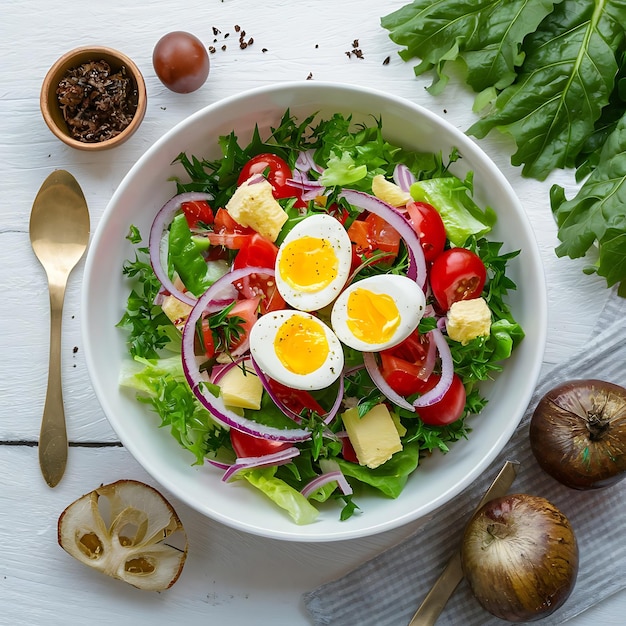Frischer Salat mit Gemüse Tomaten rote Zwiebeln Salat und Wachteleier Gesundes Essen und Ernährung KI Gen
