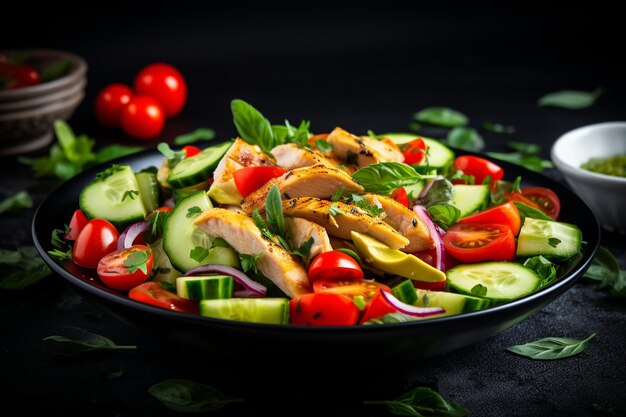 Frischer Salat mit Hühnerfilet und Gemüse auf einer schwarzen, gesunden Keto-Diät