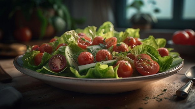 Frischer Salat mit Kirschtomaten auf einem dunklen Hintergrund generativer ai