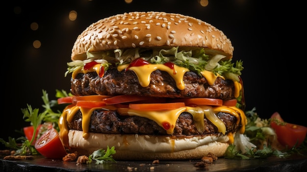 frischer schmackhafter Burger auf schwarzem Hintergrund Rindfleischburger auf Holzplatte