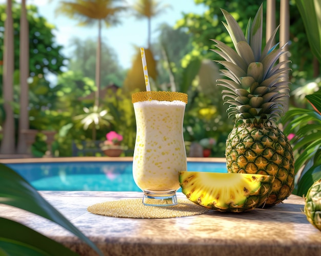 Frischer Smoothie-Ananas-Lassi mit Ananasfrüchten im Studio-Hintergrundrestaurant mit Garten
