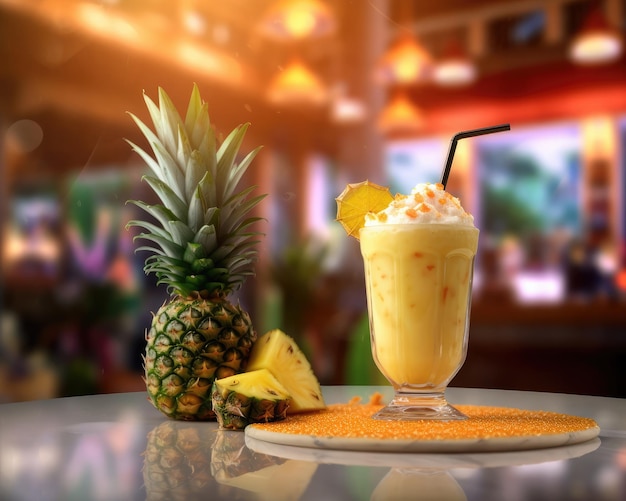 Frischer Smoothie-Ananas-Lassi mit Ananasfrüchten im Studio-Hintergrundrestaurant mit Garten