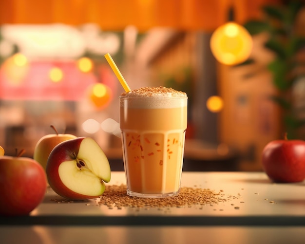 Frischer Smoothie-Apfel-Lassi mit Apfelfrüchten im Studio-Hintergrundrestaurant mit Garten