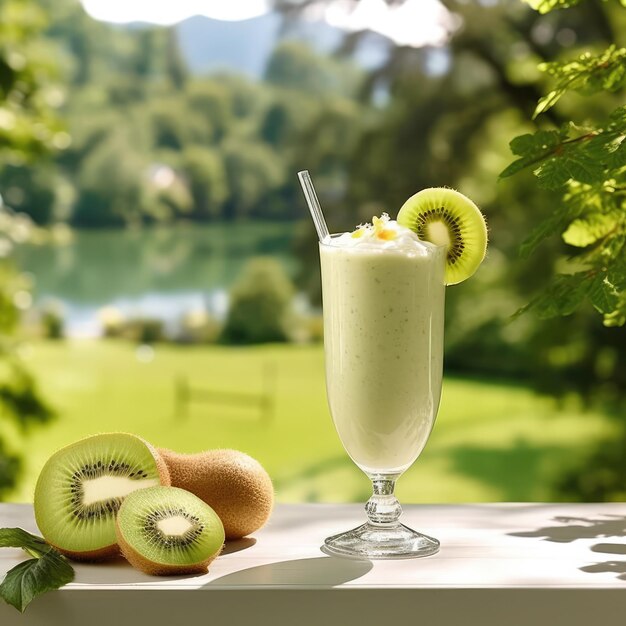 Frischer Smoothie-Kiwi-Lassi mit Kiwis im Studio-Hintergrundrestaurant mit Garten