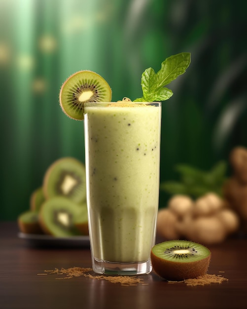 Frischer Smoothie-Kiwi-Lassi mit Kiwis im Studio-Hintergrundrestaurant mit Garten