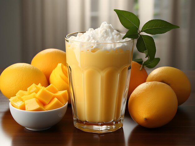 Foto frischer smoothie mango lassi mit mango-frucht im studio-hintergrund