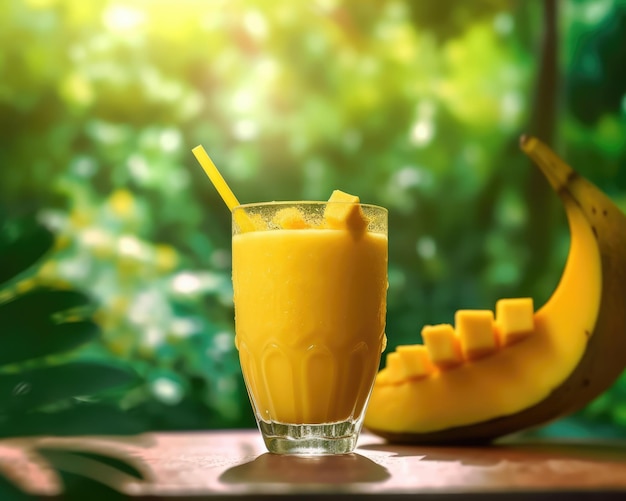 Frischer Smoothie-Mango-Lassi mit Mangofrüchten im Studio-Hintergrundrestaurant mit Garten