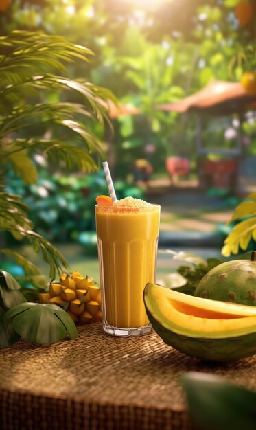 Frischer Smoothie-Mango-Lassi mit Mangofrüchten im Studio-Hintergrundrestaurant mit Garten