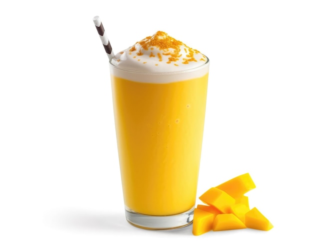 Foto frischer smoothie-mango-lassi mit mangofrüchten in isolierter studioaufnahme mit weißem hintergrund