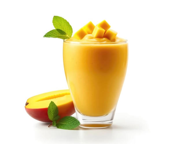 Frischer Smoothie-Mango-Lassi mit Mangofrüchten in isolierter Studioaufnahme mit weißem Hintergrund