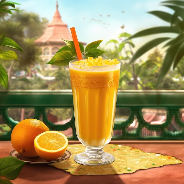 Frischer Smoothie-Orangen-Lassi mit Orangenfrüchten im Studio-Hintergrundrestaurant mit Garten