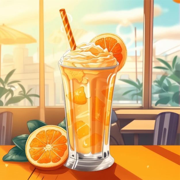 Frischer Smoothie-Orangen-Lassi mit Orangenfrüchten im Studio-Hintergrundrestaurant mit Garten