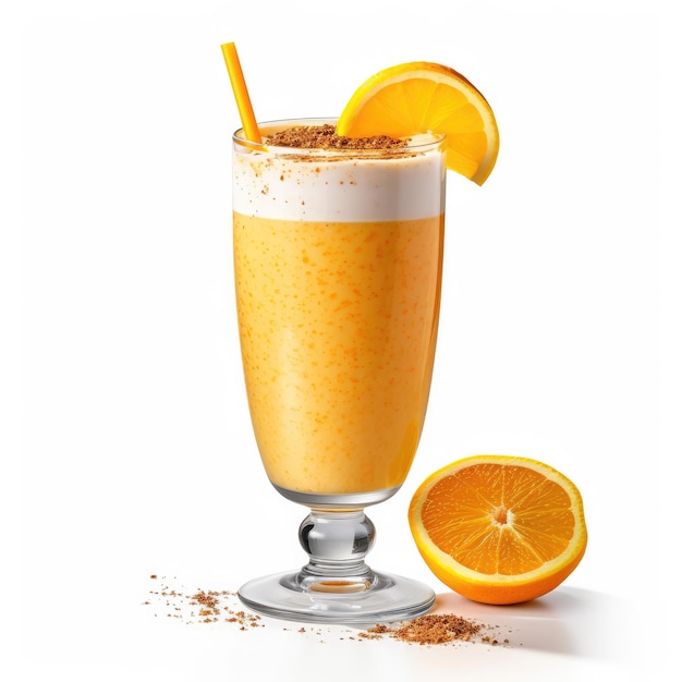 Foto frischer smoothie-orangen-lassi mit orangenfrüchten in isolierter studioaufnahme mit weißem hintergrund