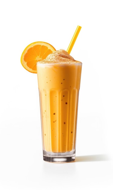 Frischer Smoothie-Orangen-Lassi mit Orangenfrüchten in isolierter Studioaufnahme mit weißem Hintergrund