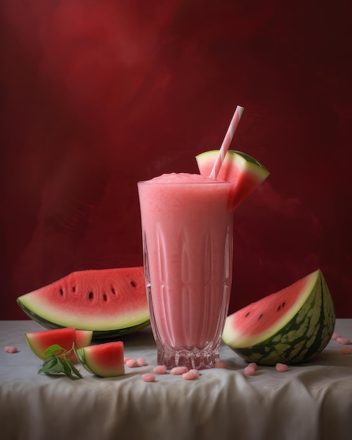 Frischer Smoothie-Wassermelonen-Lassi mit Wassermelonenfrüchten im Studio-Hintergrundrestaurant mit Garten