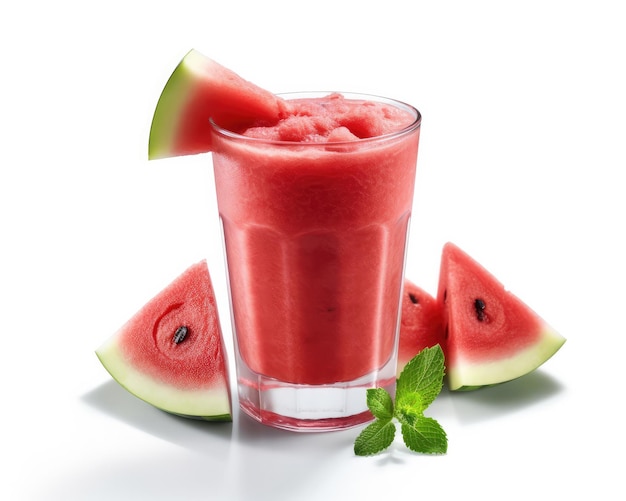 Frischer Smoothie-Wassermelonen-Lassi mit Wassermelonenfrüchten in isolierter Studioaufnahme mit weißem Hintergrund