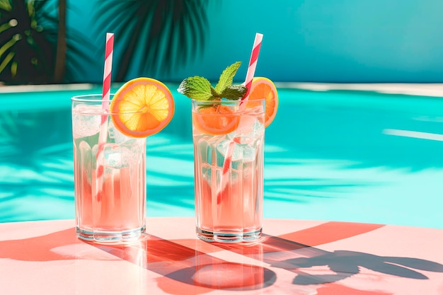 Frischer sommerlicher rosafarbener Cocktail mit Schwimmbadhintergrund