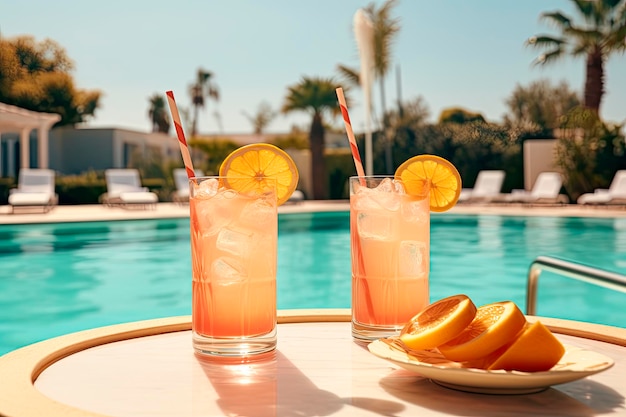 Frischer sommerlicher rosafarbener Cocktail mit Schwimmbadhintergrund