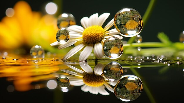 Foto frischer tau auf gelber kamille schönheit in der naturreflexion