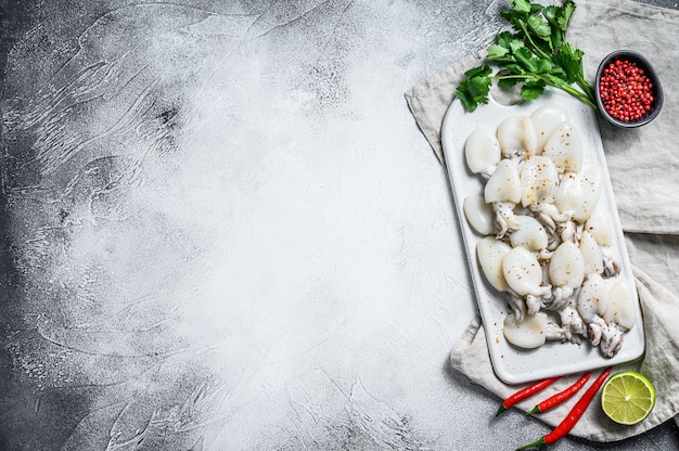 Frischer Tintenfisch mit Chili-Pfeffer und Petersilie auf einem Schneidebrett. Draufsicht