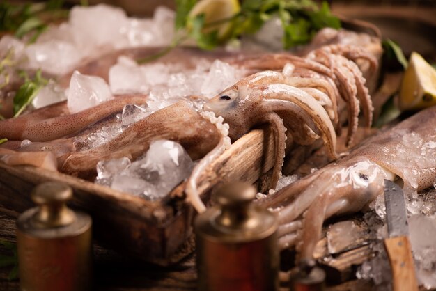 Foto frischer tintenfisch zum verkauf auf dem markt hautnah