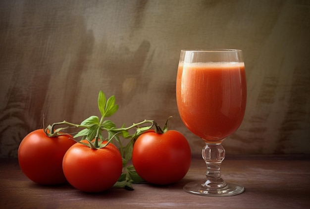 Frischer Tomatensaft und frische Tomaten auf rustikalem Hintergrund