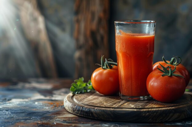 Frischer Tomatensaft und reife Tomaten auf rustikaler Holzoberfläche