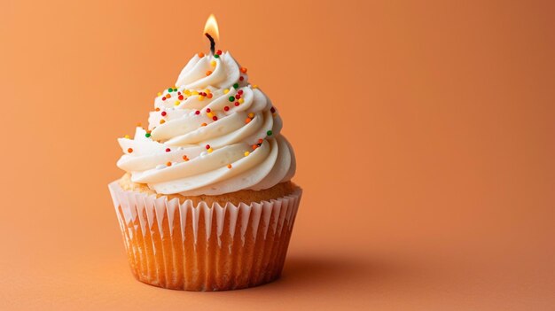 Frischer und lecker Cupcake mit Kerze auf orangefarbenem Hintergrund