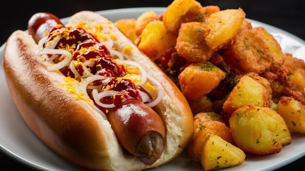 Frischer und lecker Hotdog mit gebratenen Kartoffeln