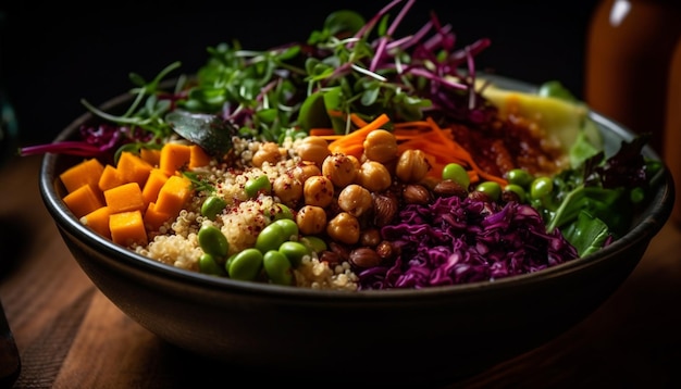 Frischer vegetarischer Quinoa-Salat mit buntem Gemüse, Avocado und Koriander, generiert von KI