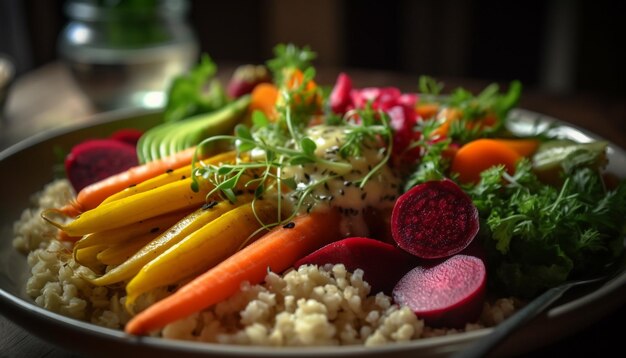 Frischer vegetarischer Salat, gesunde Mahlzeit auf dem Teller, generiert durch künstliche Intelligenz