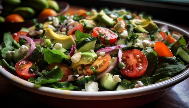 Frischer vegetarischer Salat mit Bio-Gemüse und Avocado, erzeugt von KI