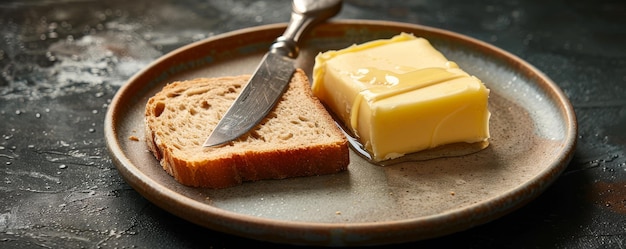 Foto frischer würfel butter mit brot und messer auf einem teller mit dunklem design