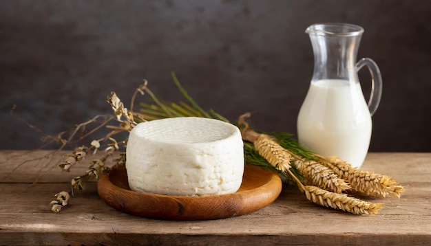 Frischer Ziegenkäse und Glaskrug mit Milch auf einem Holztisch Bio- und schmackhafte Produkte