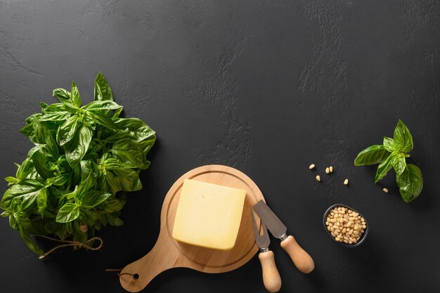 Frisches Basilikum-Zedern-Olivenöl und Parmesan und Zutaten für hausgemachtes Pesto