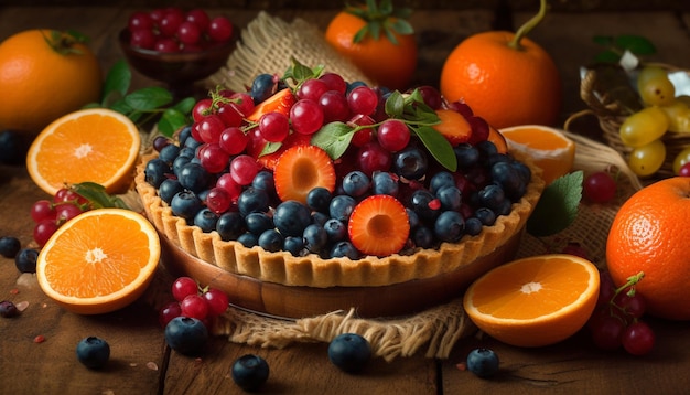 Frisches Beeren-Dessert auf rustikaler Holzplatte, erzeugt durch KI