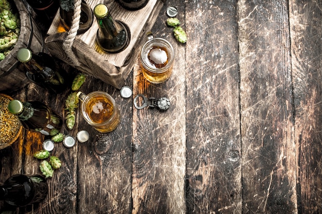 Frisches Bier mit grünem Hopfen und Malz auf Holztisch.