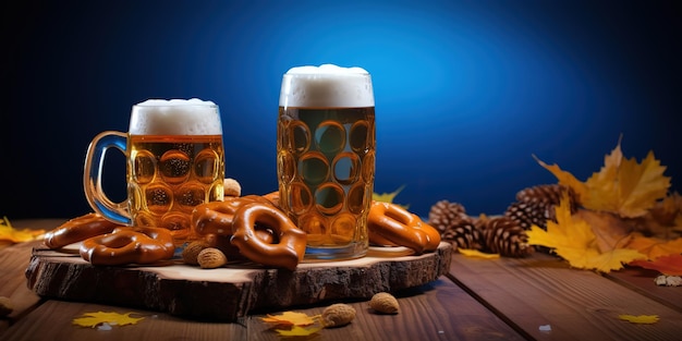 Frisches Bier mit Holz-Pretzel-Fass und blauer Tischdecken