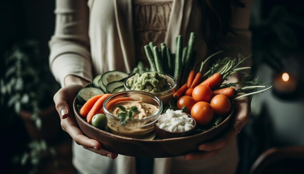 Frisches Bio-Gemüse, zubereitet in einer hausgemachten, gesunden vegetarischen Mahlzeit, die durch künstliche Intelligenz generiert wird