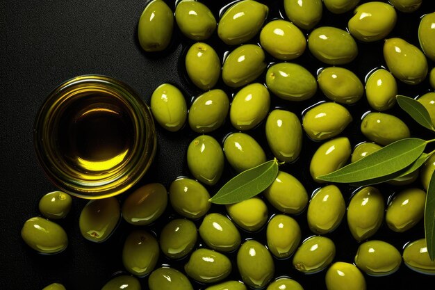 Frisches biologisches Olivenöl in Glasflasche mit reifen Oliven gesundes Lebensmittelbauernkonzept Generative Ai