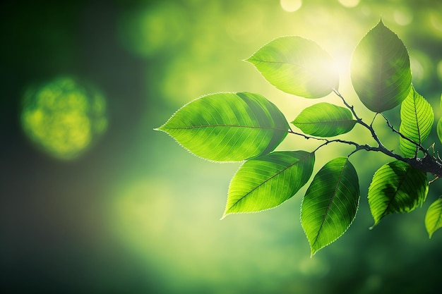 Frisches Blatt des grünen Baumes der Natur auf schönem unscharfem weichem bokeh Sonnenlichthintergrund mit Kopienraum