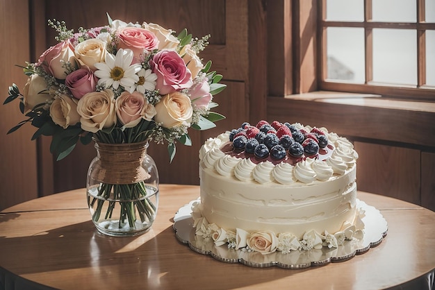 Frisches Bouquet süße Liebeshochzeit mit Kuchen