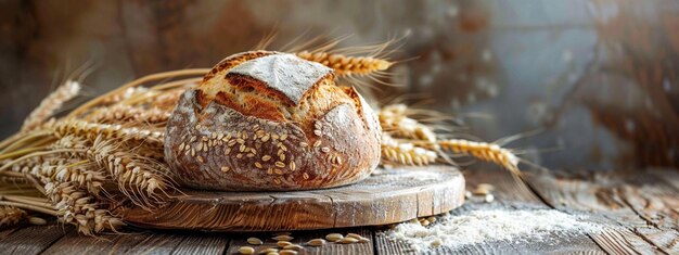 Foto frisches brot auf einem holztisch mit weizen generative ki